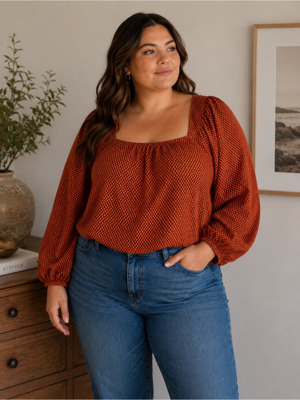 Levi’s Plus 4X Rust Geometric Puff Sleeve Smocked Square Neck Peasant Blouse NWT